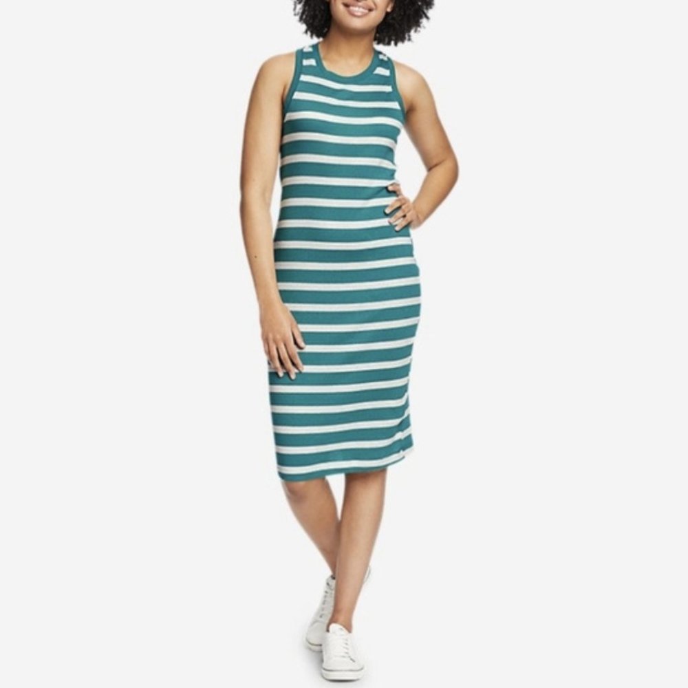 EDDIE BAUER | Ribbed Racerback Midi Length Teal and White Striped Dress | Size L
